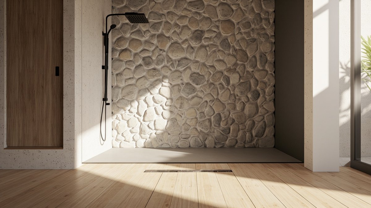 Illustrative concept design: river-stone shower wall with a black rain shower