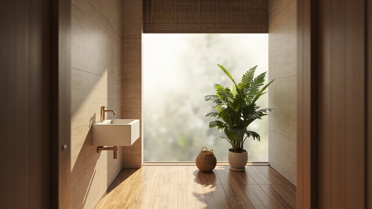 Illustrative concept design: enclosed bathroom with stone-look tiles, a frosted window and a palm