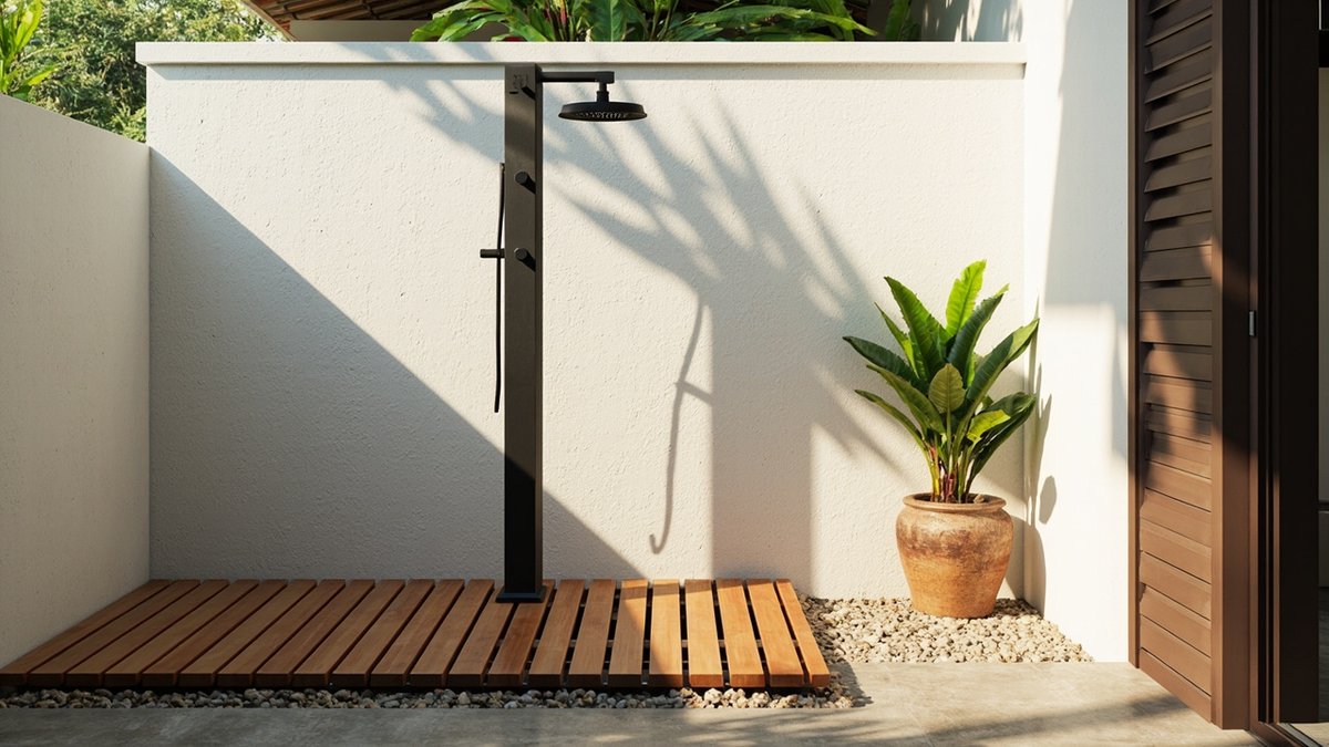 Illustrative concept design: outdoor shower on a slatted deck over gravel