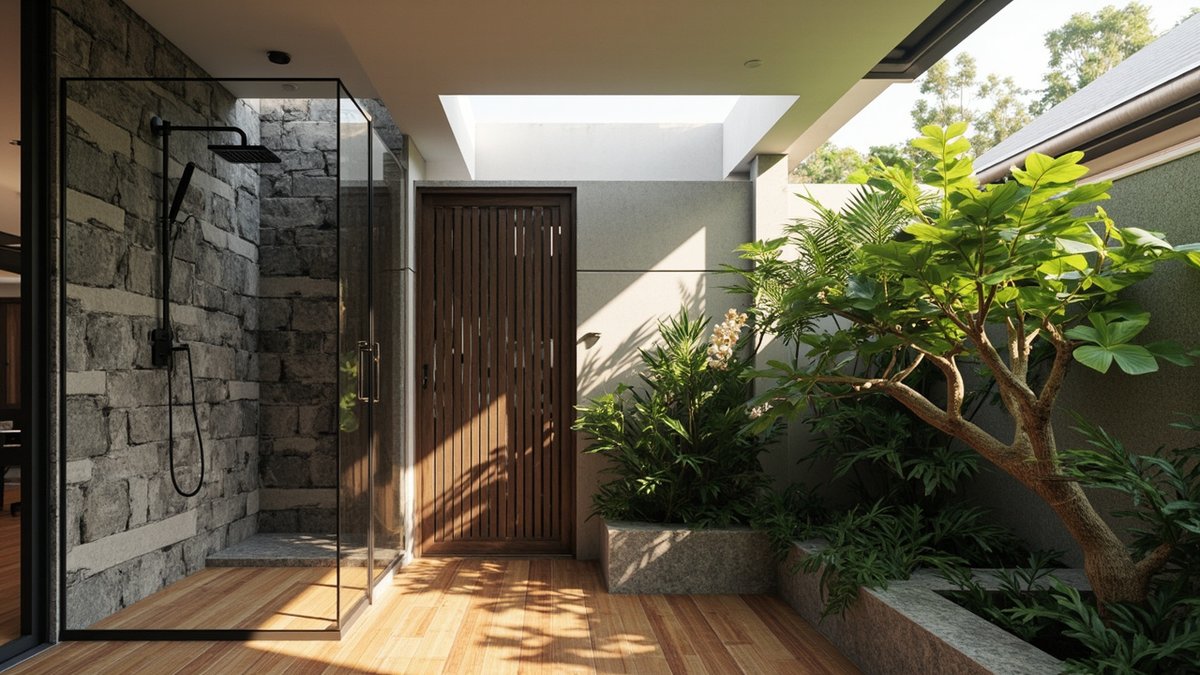 Illustrative concept design: semi-outdoor Bali-style bathroom with a glass shower against a grey stone wall, timber-look floor, slatted door and tropical planters