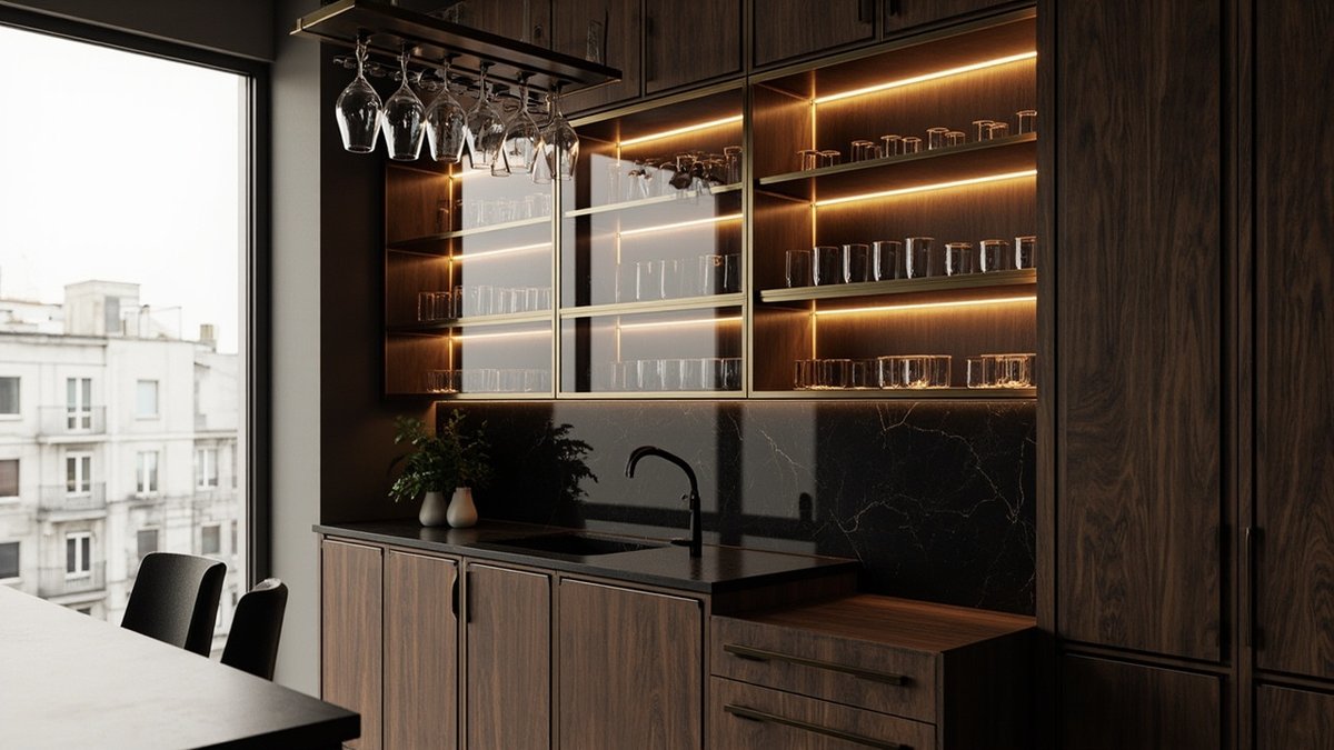 Ilustrasi konsep reka bentuk: kabinet bar walnut gelap dengan rak gelas tergantung, rak berlampu dan top batu hitam