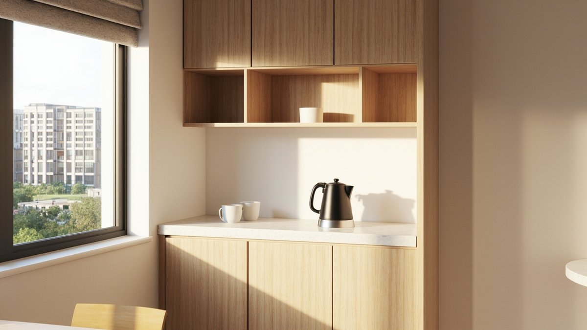 Ilustrasi konsep reka bentuk: kabinet bar kopi built-in oak cerah dengan top putih, cerek dan rak kubikel terbuka