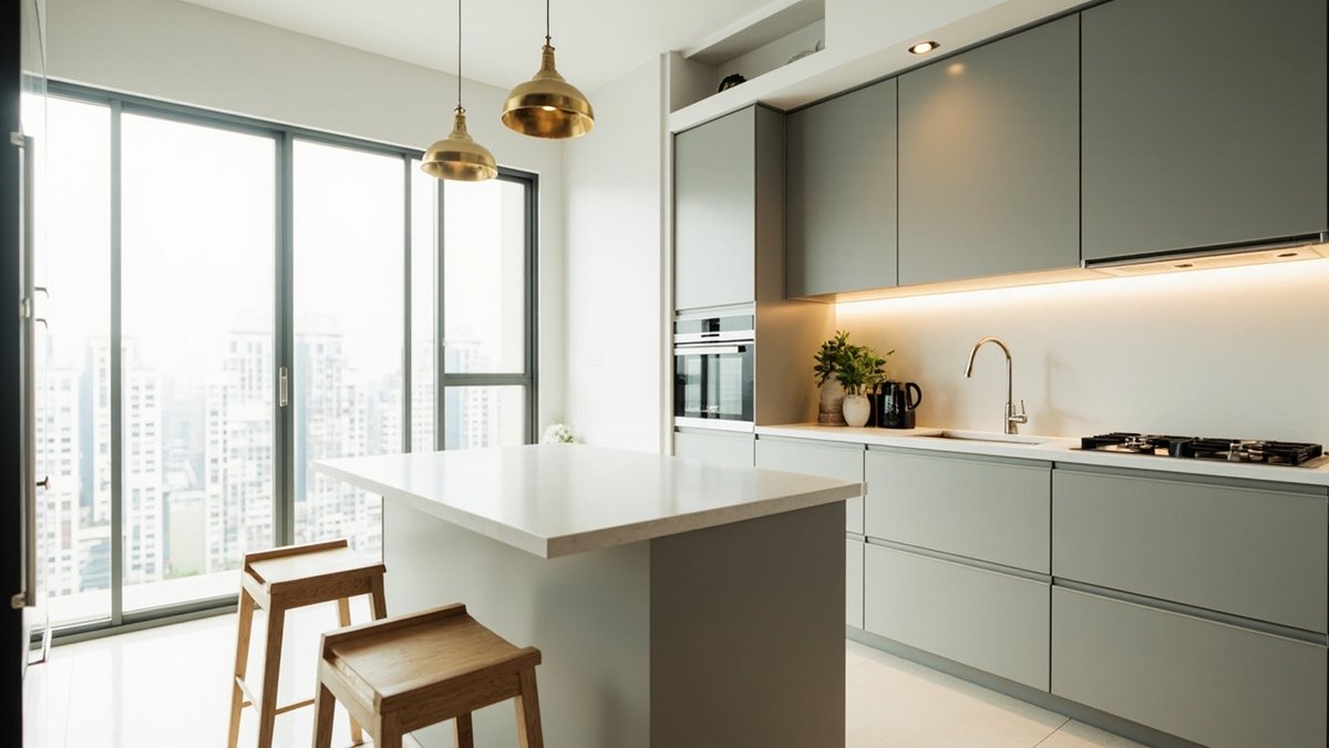Illustrative concept design: condo kitchen with a white quartz island bar, two oak stools, sage-grey cabinets and brass pendant lights