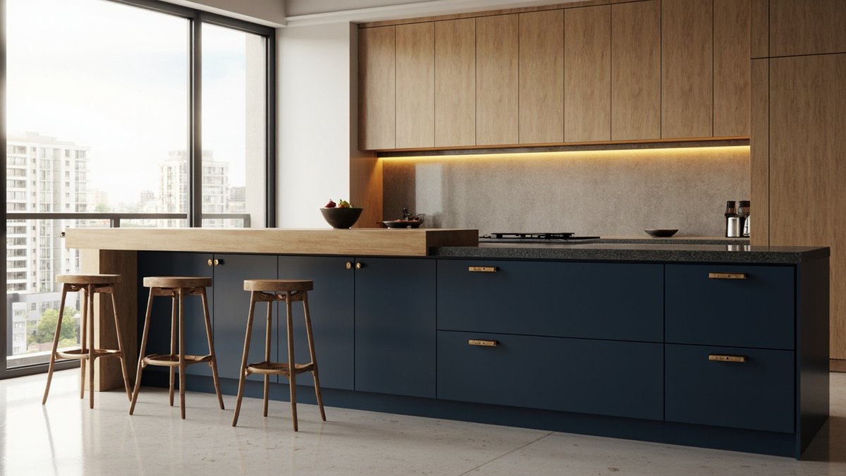 Ilustrasi konsep reka bentuk: island dapur biru gelap dengan top batu gelap dan top bar oak tebal serta tiga stool kayu