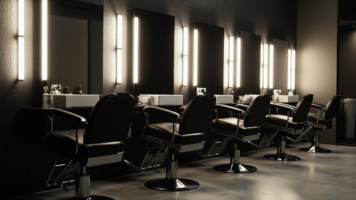 Barisan kerusi barber menghadap cermin yang diterangi sekata di kedai gunting rambut yang baru siap