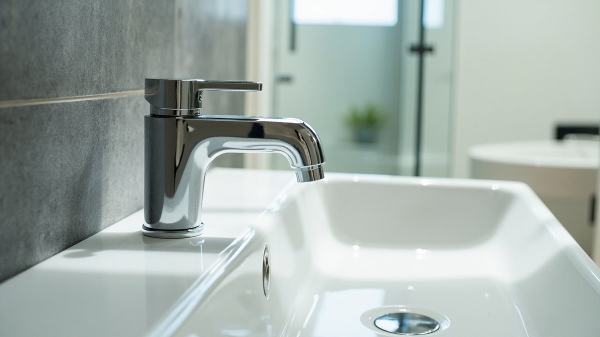 Chrome single-lever mixer tap on a white bathroom basin