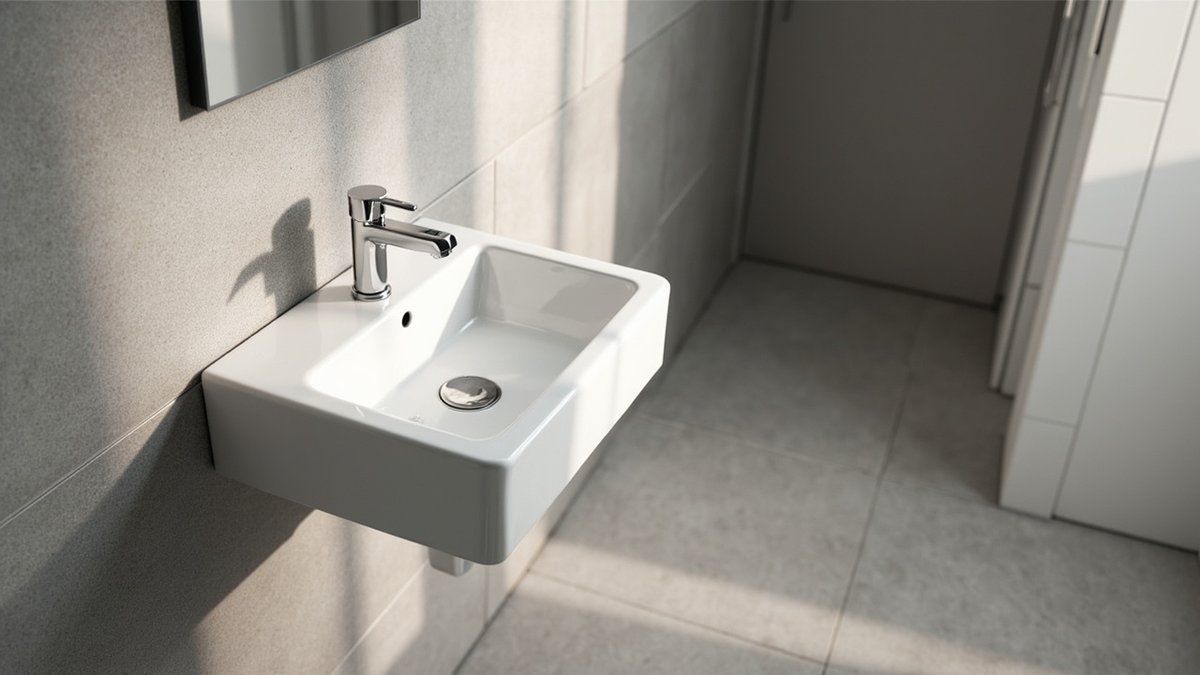 White wall-hung basin with a chrome bottle trap in a compact condo bathroom