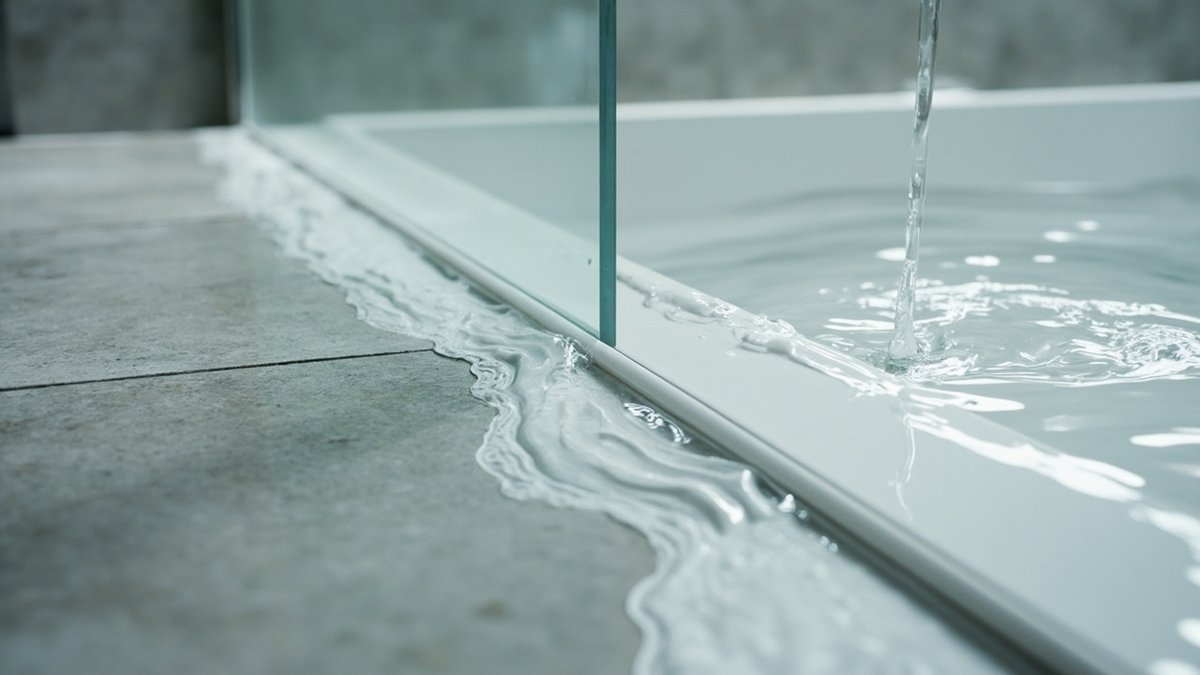 Water poured on a new bathroom floor running to the floor trap during a handover check