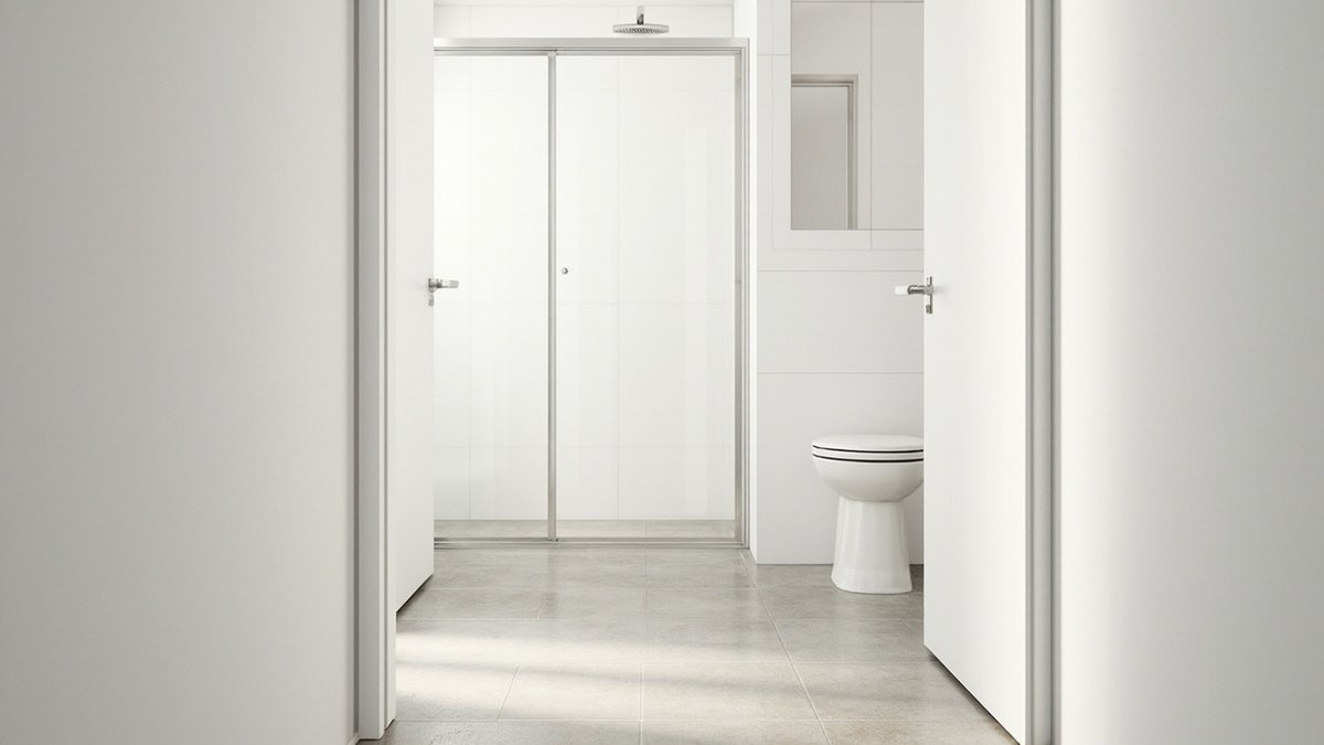 Illustrative concept design: family bathroom seen through open doors with a matt grey floor and a sliding glass shower screen