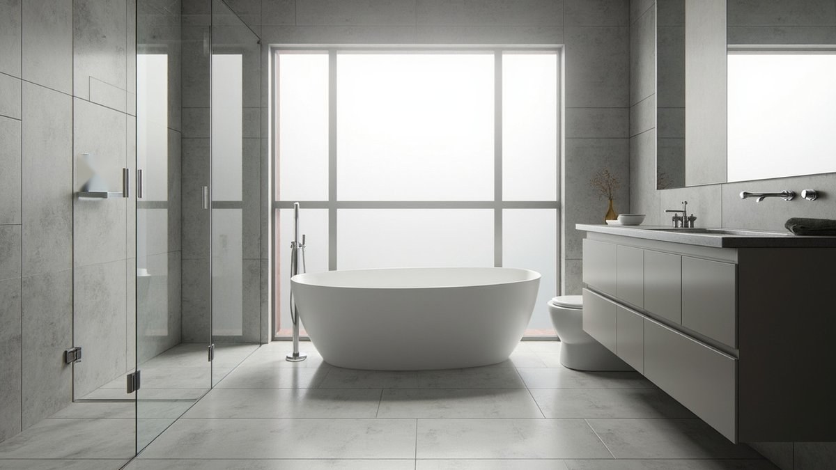 Illustrative concept design: white oval freestanding bathtub under a tall frosted window with a chrome floor-mounted filler