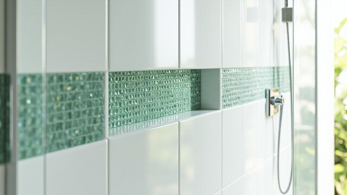 Illustrative concept design: shower wall with a recessed niche and strip of emerald green glass mosaic in white tiles