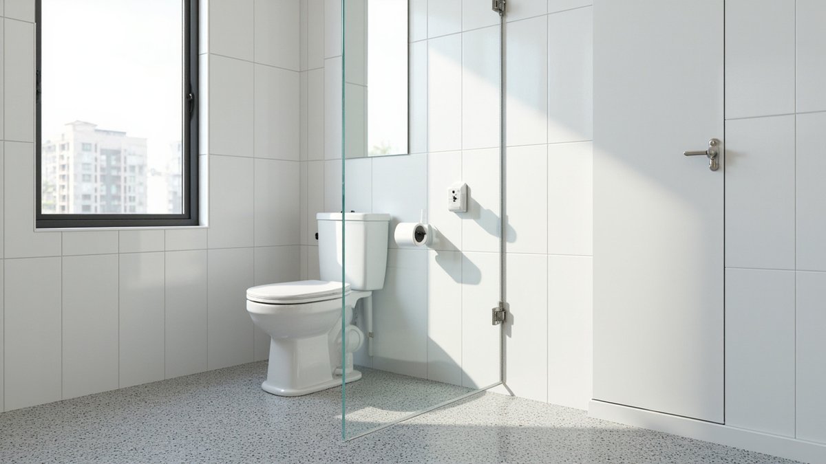 Illustrative concept design: toilet with a seamless grey flake epoxy floor, white wall tiles and a toilet with its lid closed