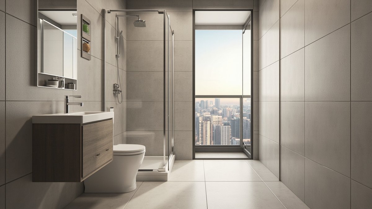 Illustrative concept design: bathroom in large warm grey tiles with a slim-framed glass shower corner and a dark floating vanity