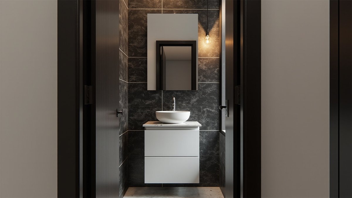 Illustrative concept design: narrow guest toilet with charcoal tiles, a white bowl basin on a slim cabinet and a pendant bulb