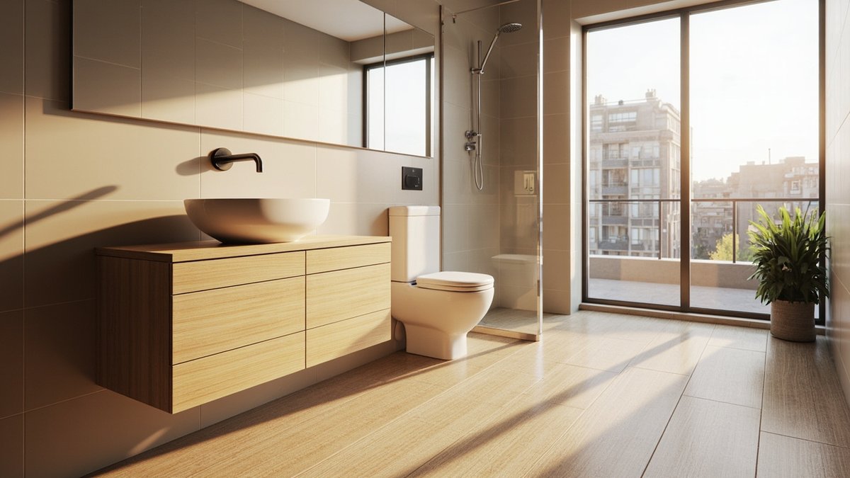 Illustrative concept design: Japandi bathroom with a floating oak vanity, vessel basin, wood-look floor and beige wall tiles