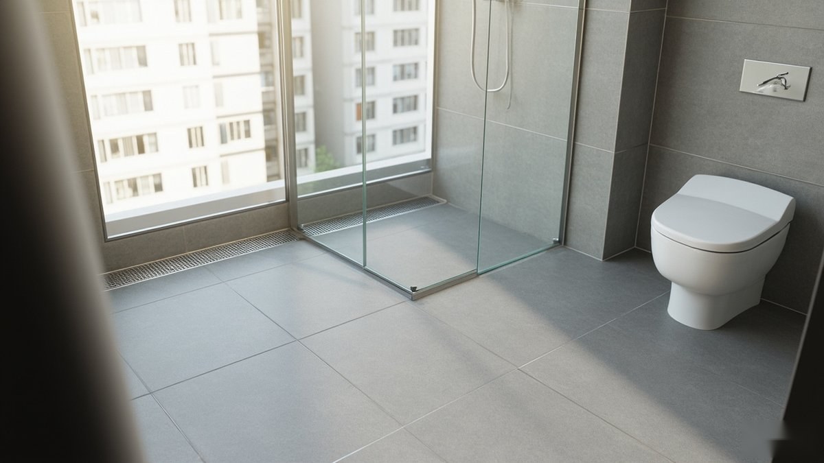 Illustrative concept design: kerb-less walk-in shower where grey floor tiles run level to stainless linear drains behind clear glass