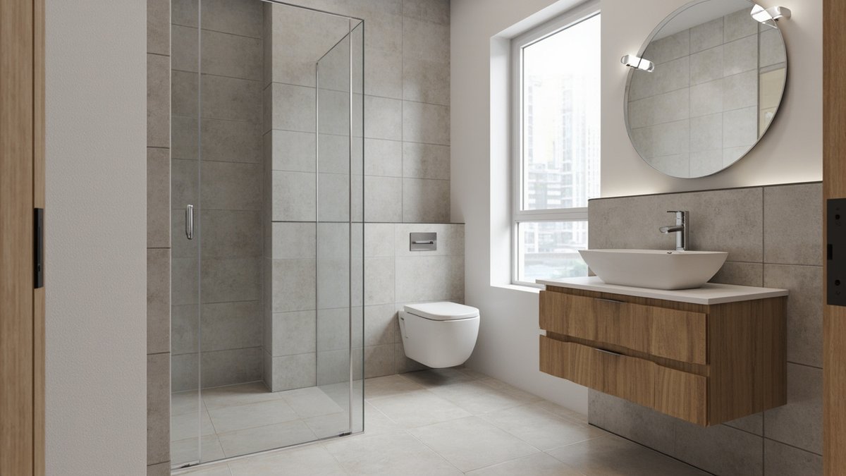 Illustrative concept design: grey large-tile condo bathroom with a glass shower panel, wall-hung toilet and oak floating vanity