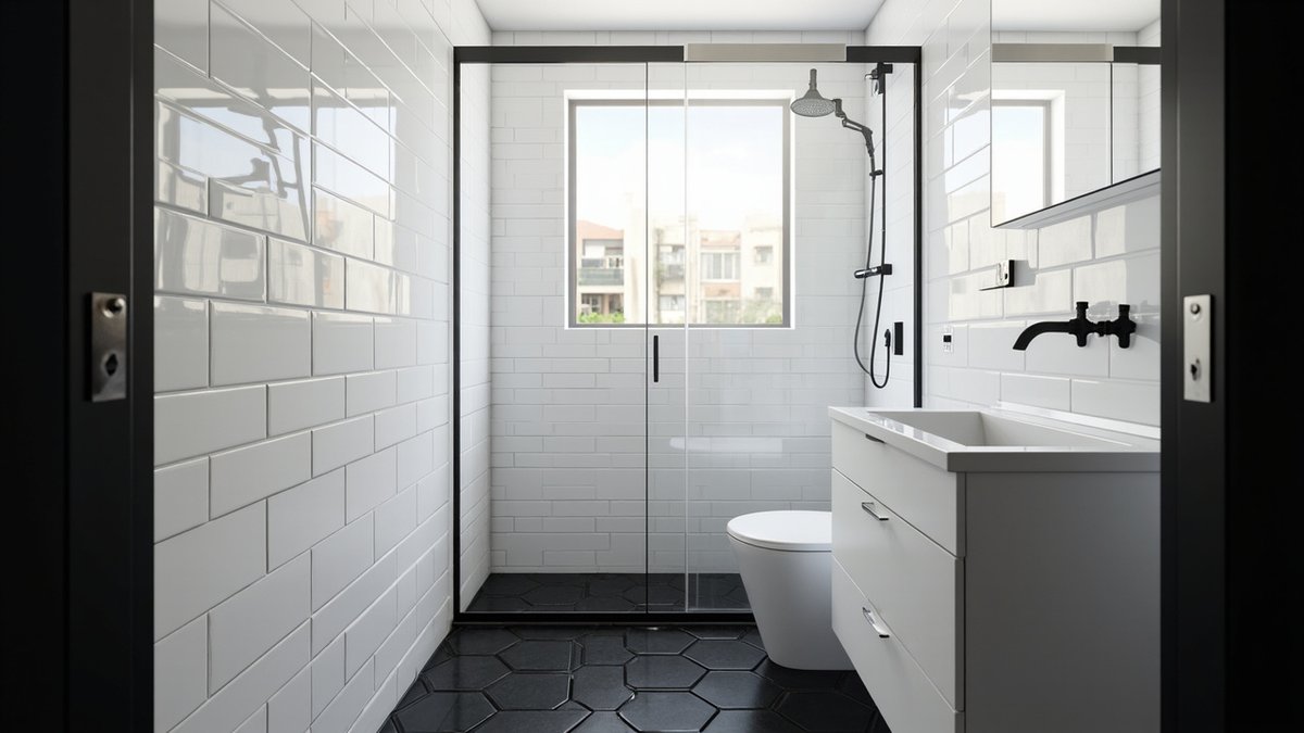 Illustrative concept design: black-and-white bathroom with subway wall tiles, black hexagon floor and a black-framed sliding screen
