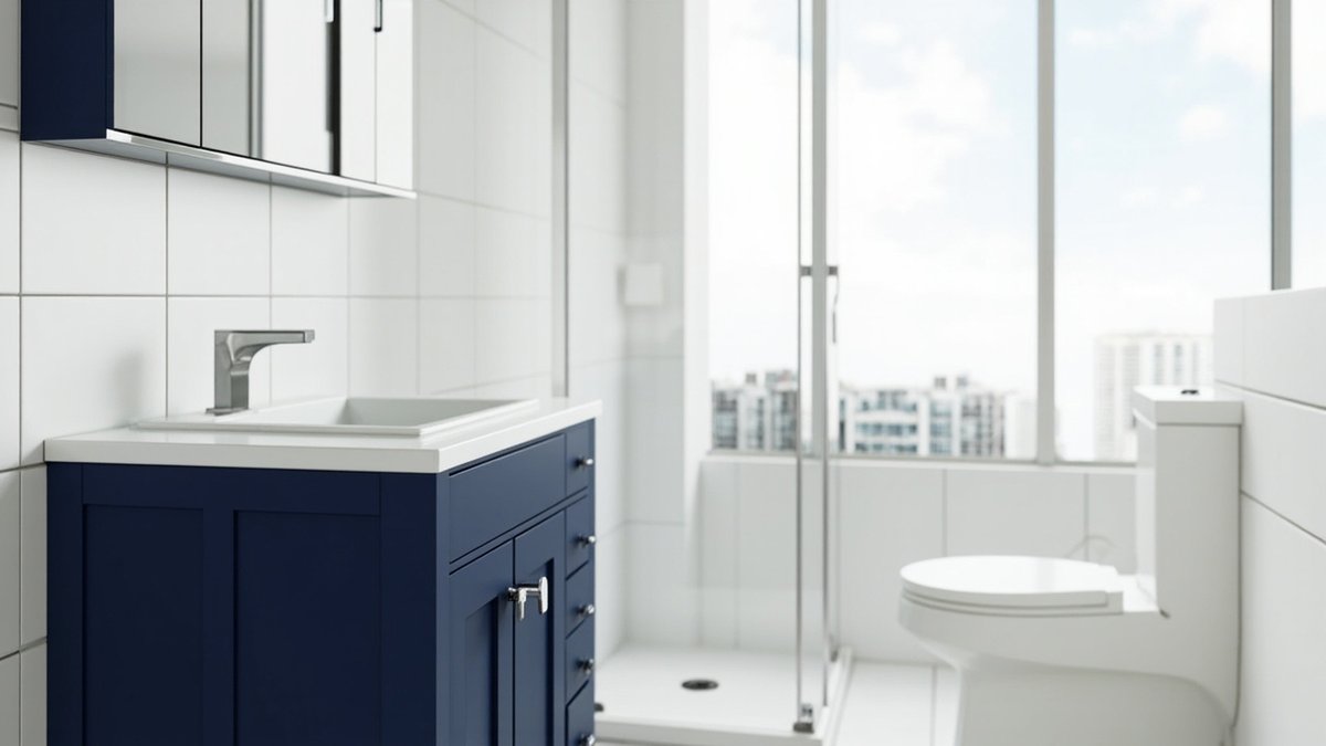 Illustrative concept design: navy shaker vanity with a white basin top and a mirrored wall cabinet above in a white bathroom