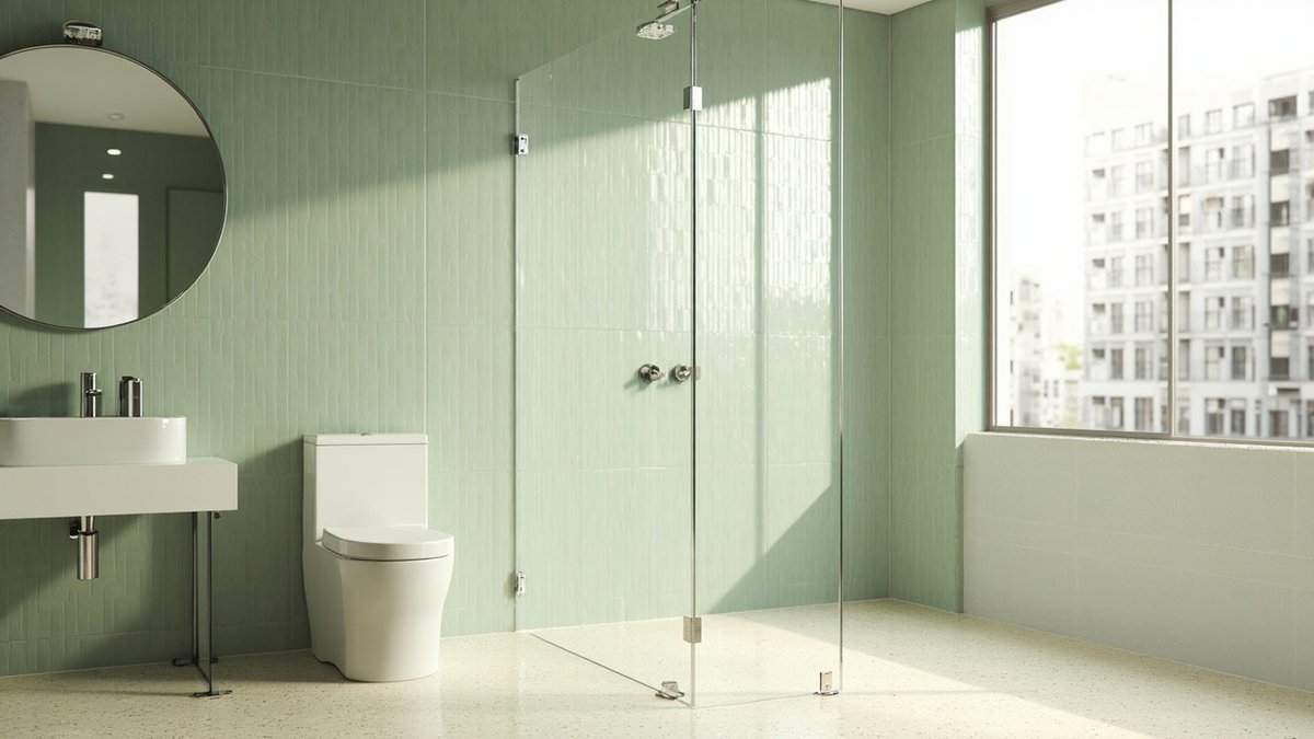 Illustrative concept design: bathroom with a terrazzo-look floor, sage green tiles, round mirror and a frameless glass shower panel