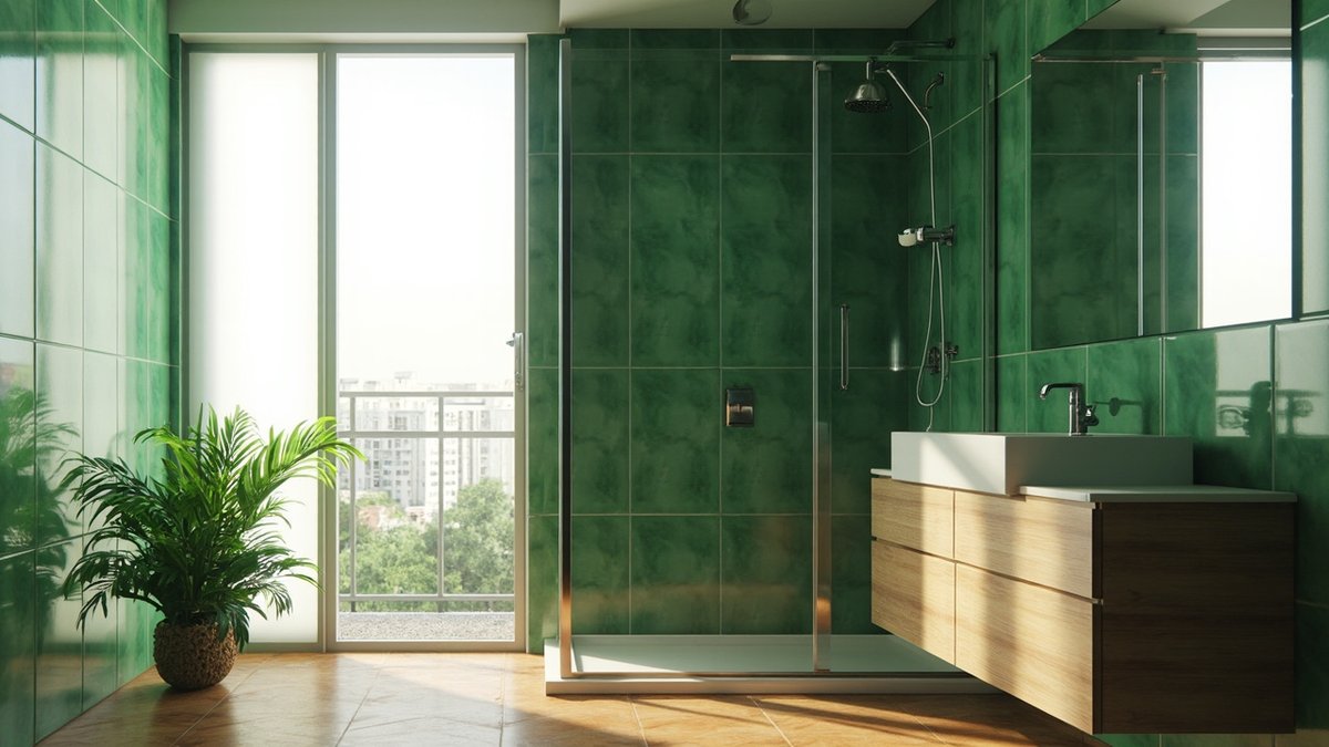 Illustrative concept design: tropical bathroom with deep green glazed tiles, terracotta-look floor, glass shower and a potted palm