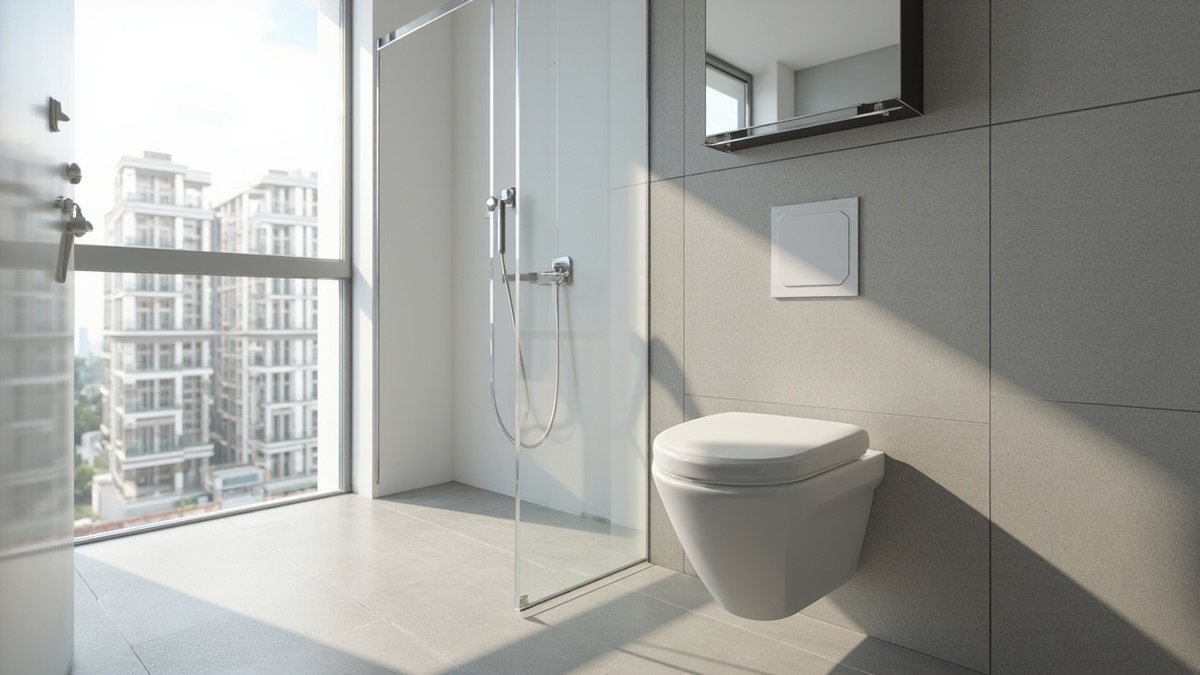 Illustrative concept design: white wall-hung toilet with its lid closed under a square flush plate on concrete-grey tiles
