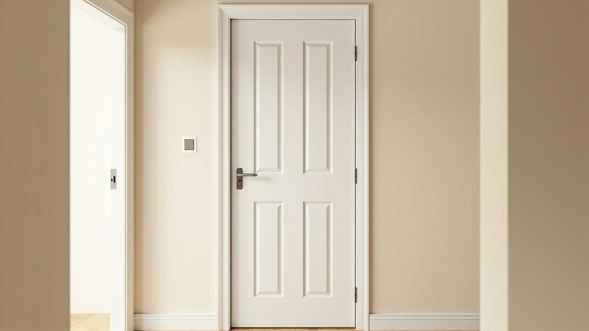 Illustrative concept design: white four-panel embossed ABS bathroom door with a brushed steel lever in a beige corridor