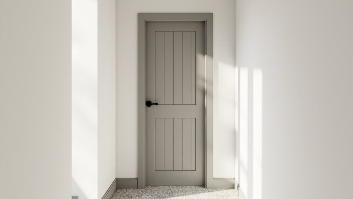 Illustrative concept design: light grey WPC bathroom door with vertical grooves and a matt black lever in a white hallway