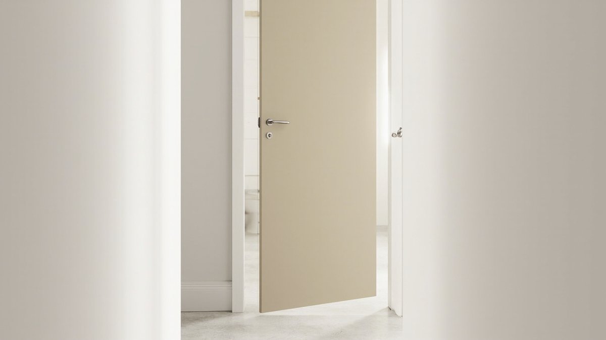 Illustrative concept design: light beige bathroom door half open outward into a hallway with a lever handle