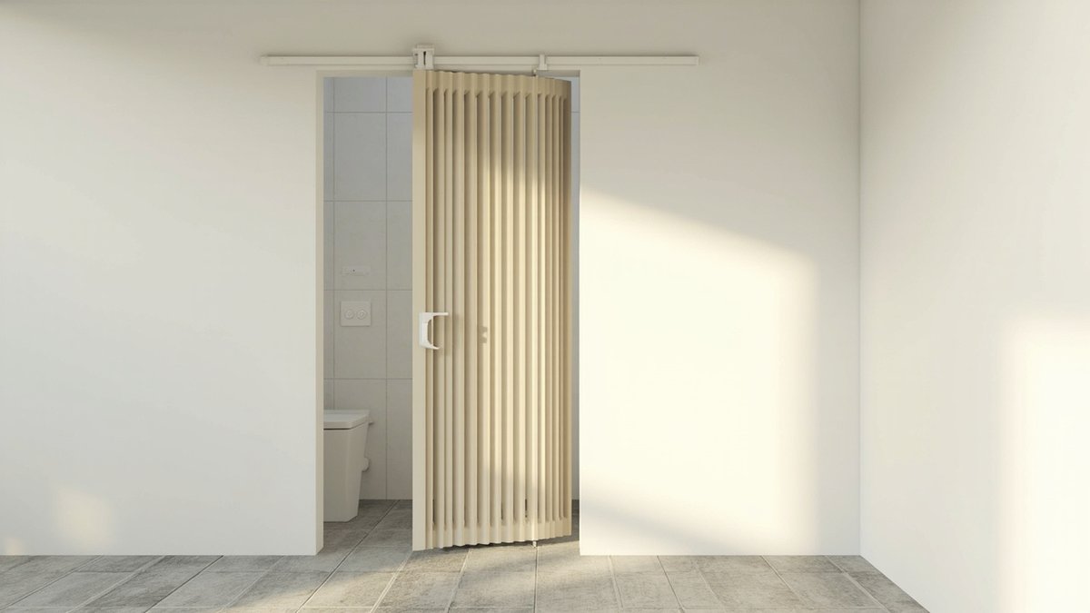Illustrative concept design: cream PVC accordion folding door partly folded at a small service bathroom doorway