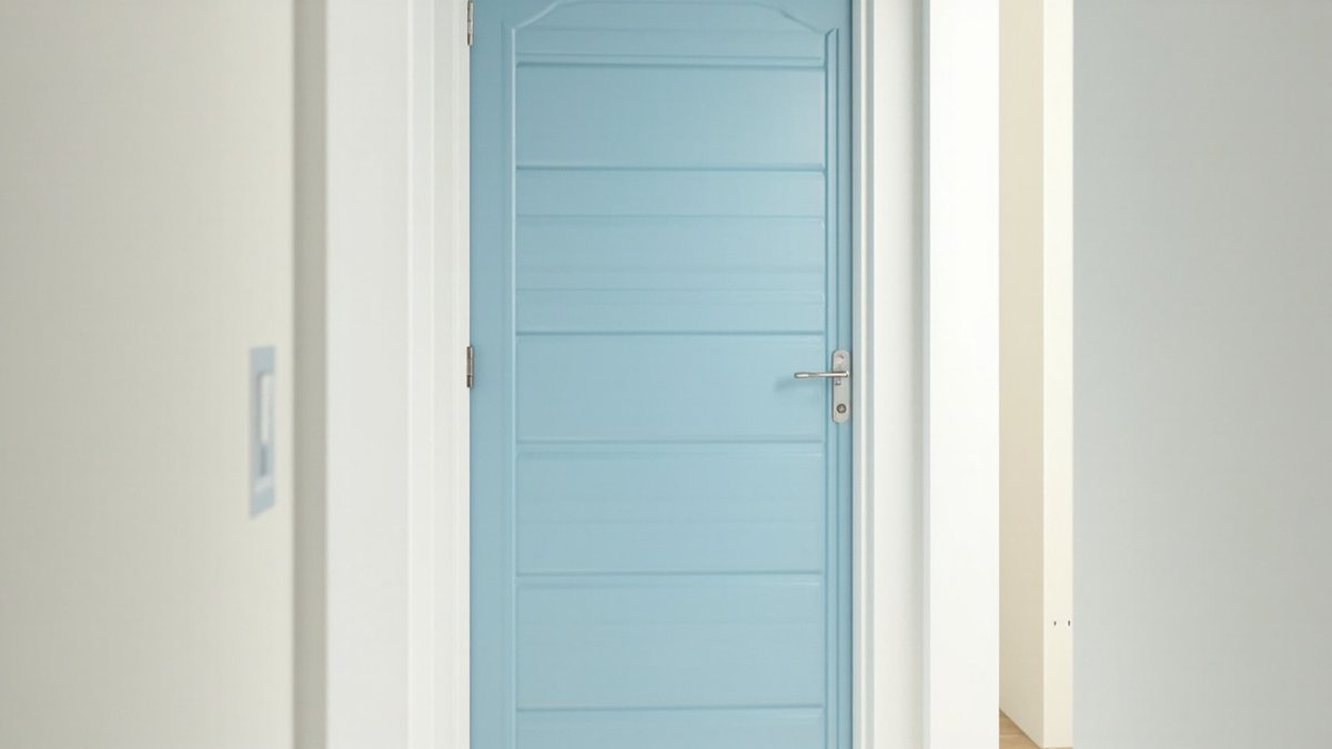 Illustrative concept design: light blue PVC bathroom door with horizontal moulded panels and an arched top rail in a white condo corridor