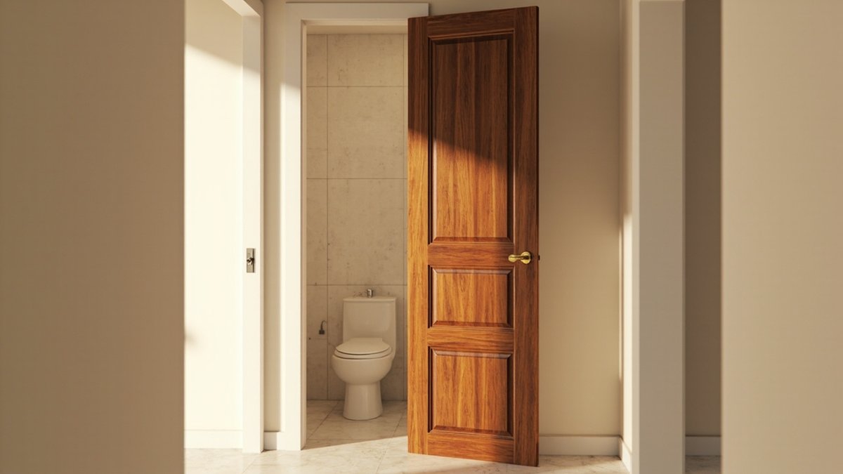 Illustrative concept design: teak-colour timber panel door opening onto a small powder room with only a toilet