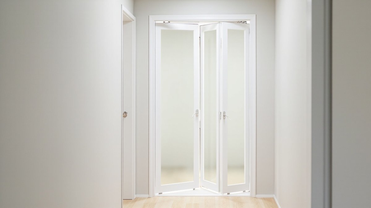 Illustrative concept design: white aluminium bi-fold bathroom door with frosted panels partly folded at the end of a condo corridor