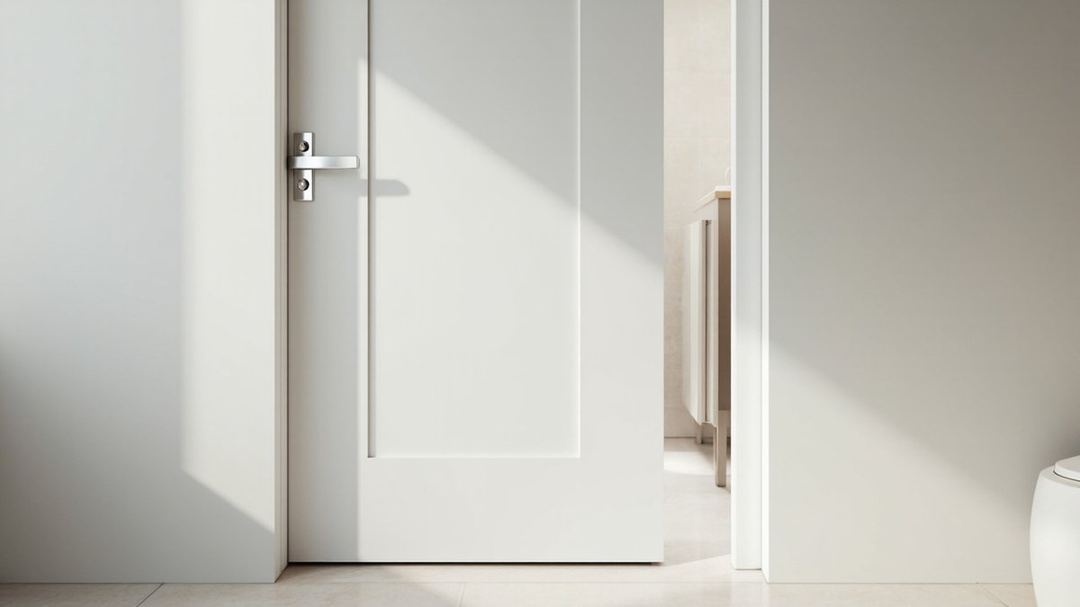 Illustrative concept design: white bathroom door with a chrome lever and a small emergency release turn below it