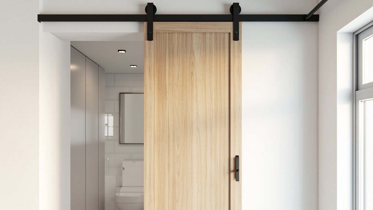 Illustrative concept design: light oak-grain bathroom door on a black surface sliding track beside an ensuite opening