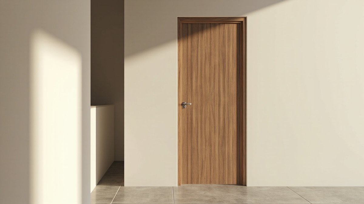 Illustrative concept design: walnut wood-grain WPC bathroom swing door with a satin steel lever on a terrace house landing
