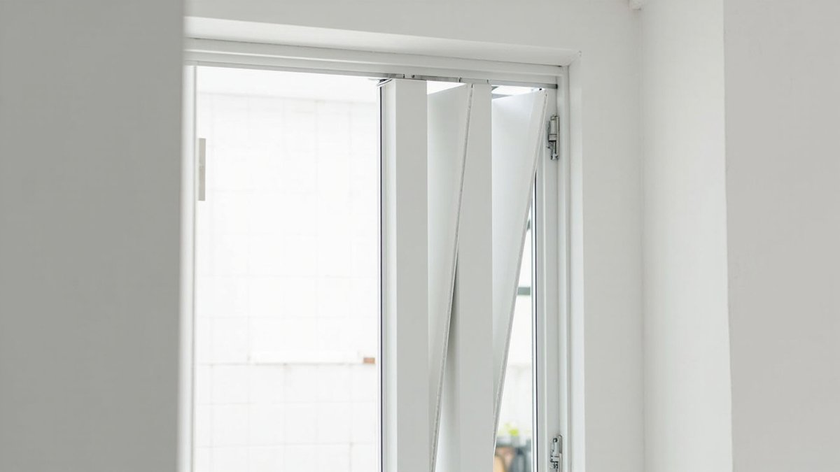 Half-folded aluminium bi-fold bathroom door in a condo corridor