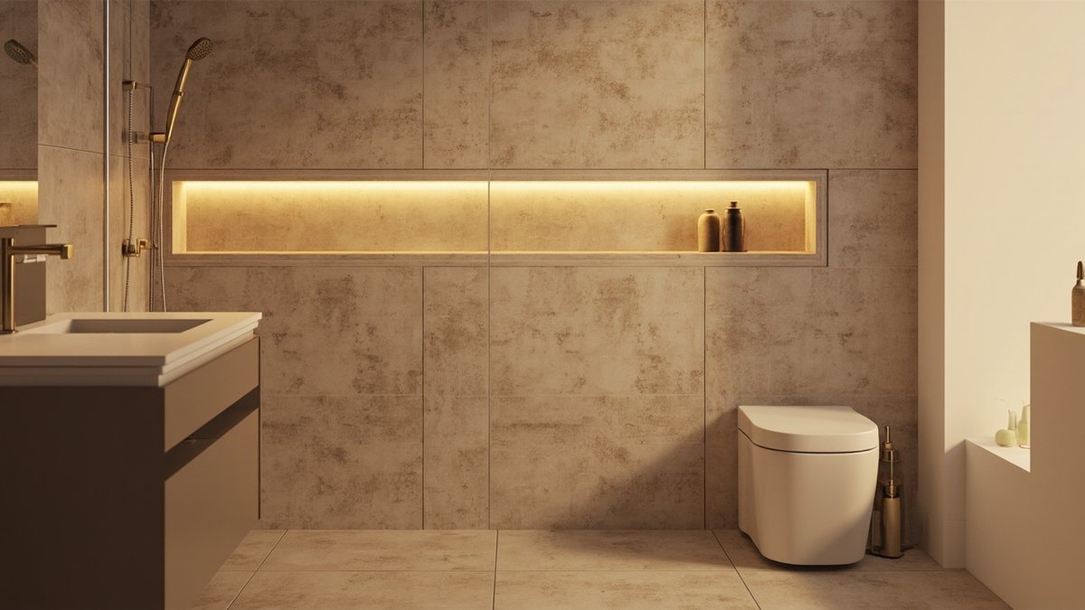 Ilustrasi konsep reka bentuk: dinding shower rupa batu kuning air dengan niche panjang diterangi LED hangat