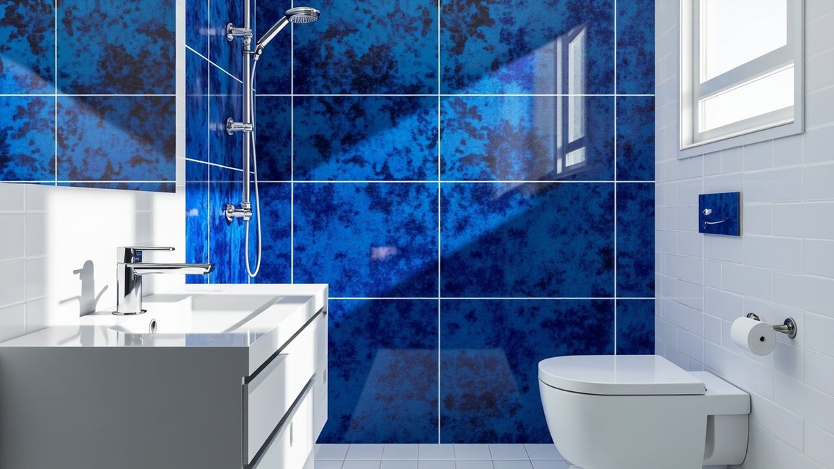 Ilustrasi konsep reka bentuk: dinding shower jubin biru kobalt berkilat yang besar dengan glaze bertompok