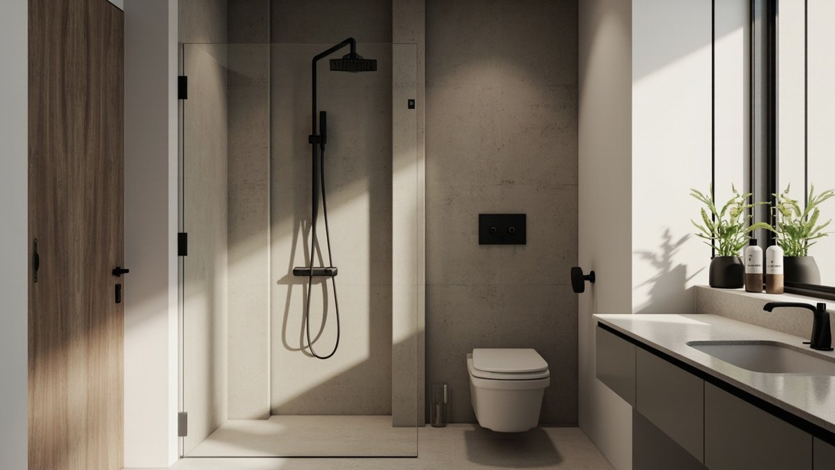 Ilustrasi konsep reka bentuk: dinding shower microcement kelabu hangat tanpa sambungan dengan set shower hitam