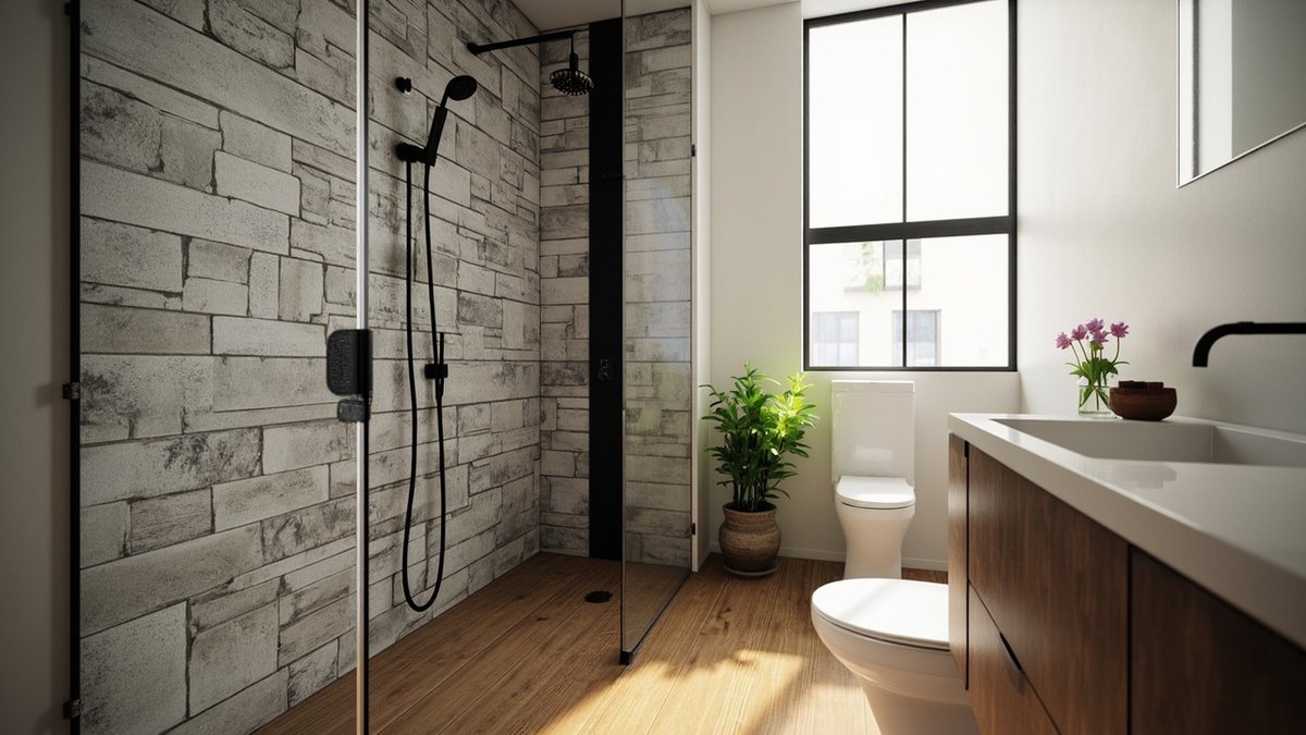 Ilustrasi konsep reka bentuk: dinding shower berbalut batu belah kelabu dengan shower hujan hitam