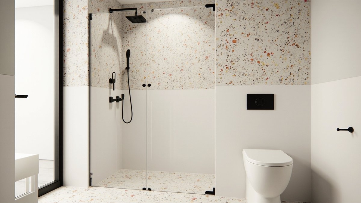 Ilustrasi konsep reka bentuk: slab rupa terrazzo pada dinding shower atas dan lantai dengan set shower hitam