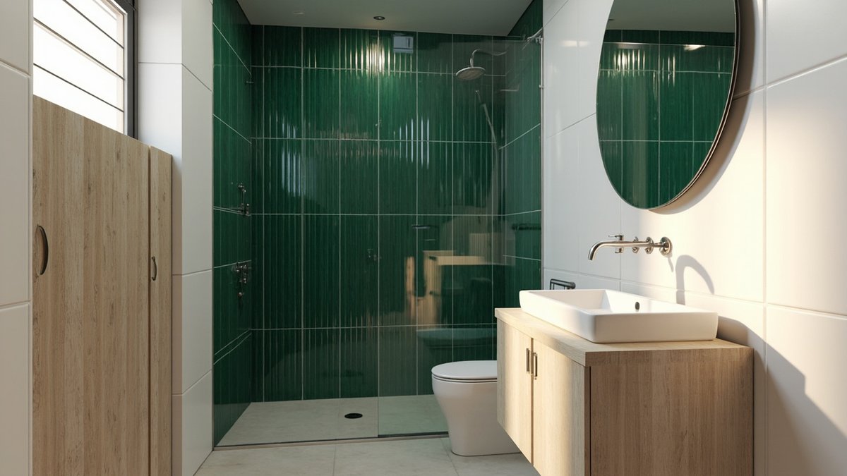 Ilustrasi konsep reka bentuk: bilik air dengan dinding shower jubin fluted hijau gelap berkilat di belakang panel kaca, dinding lain putih, vanity oak dan cermin bulat
