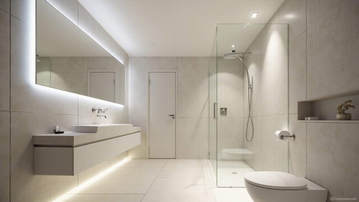 Condo bathroom with sealed LED downlights in the ceiling and a lit mirror above the vanity