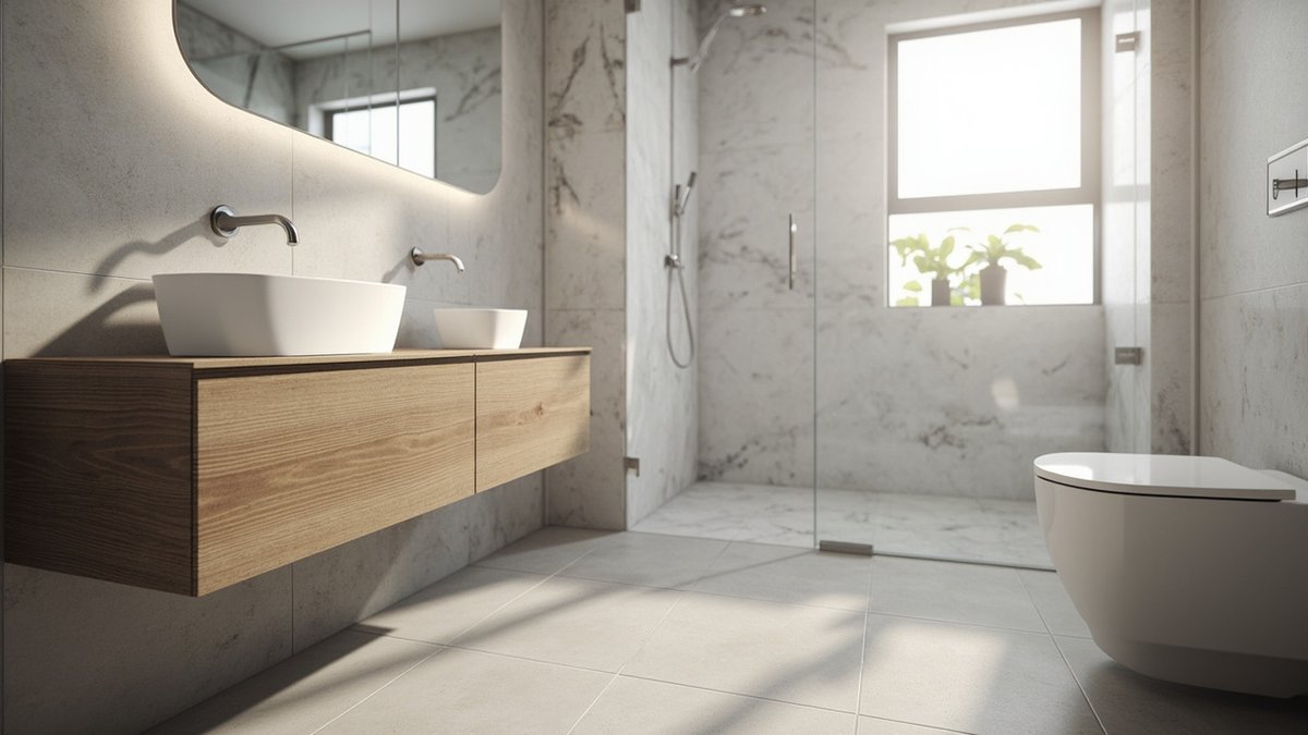 Small bathroom refreshed without hacking, with new floor tiles, wall panel, vanity and glass shower panel