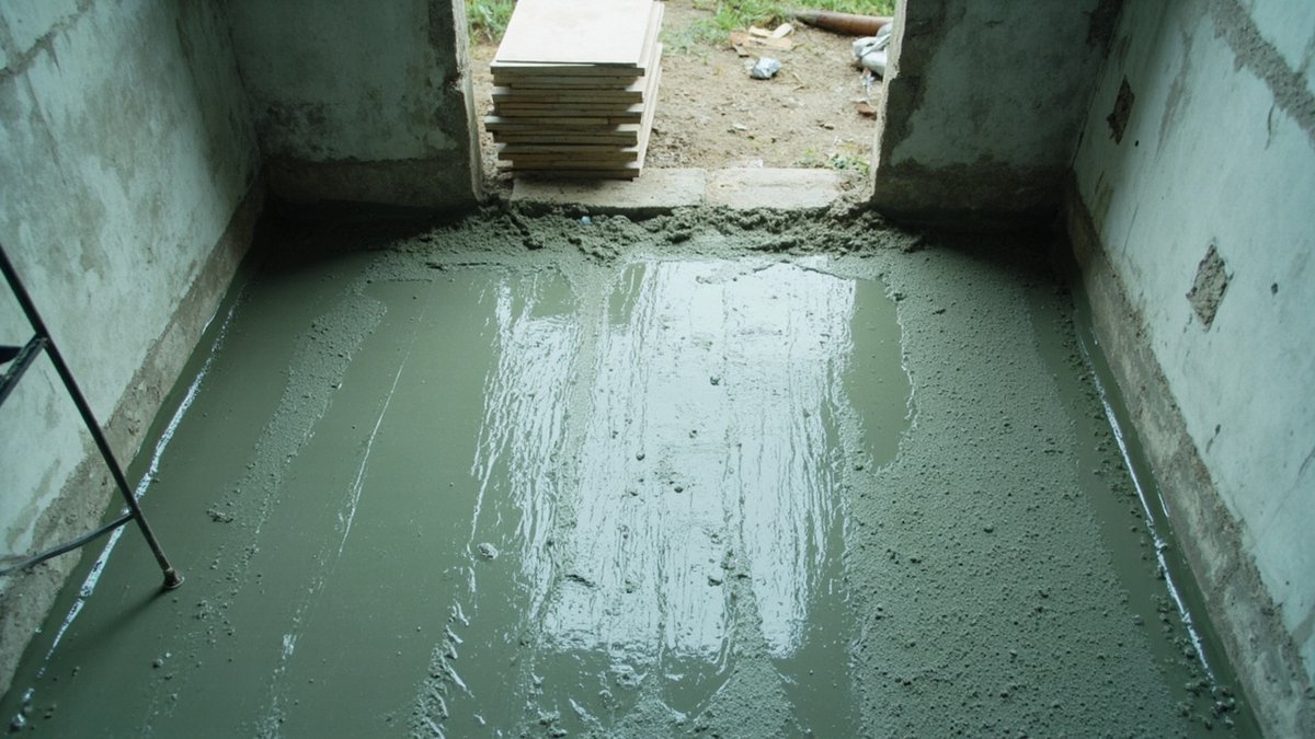 加影排屋浴室裸露地面正涂上新鲜水泥防水浆料