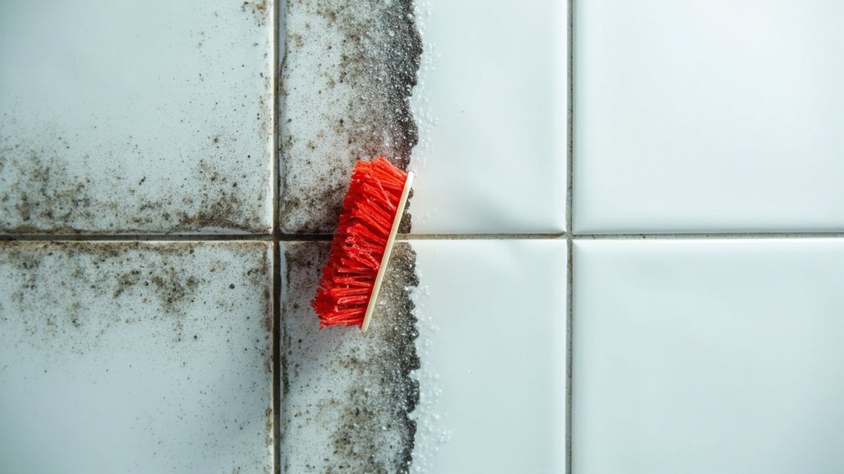 Jubin dinding pancuran dengan grout berkulat gelap di sebelah dan grout putih yang baru dicuci di sebelah lagi