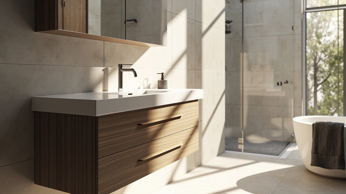 Wall-hung custom bathroom vanity cabinet with basin and mirror cabinet