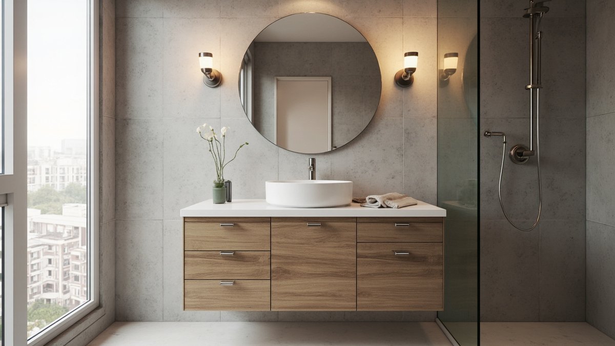 Illustrative concept design: wall-hung oak-look vanity with drawers, a white counter-top basin and a round mirror between two wall lights in a grey-tiled bathroom