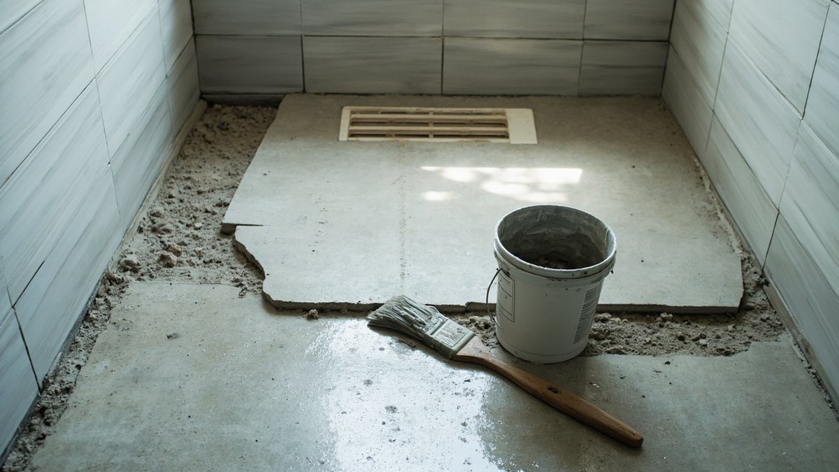 Hacked bathroom floor mid-renovation with waterproofing compound
